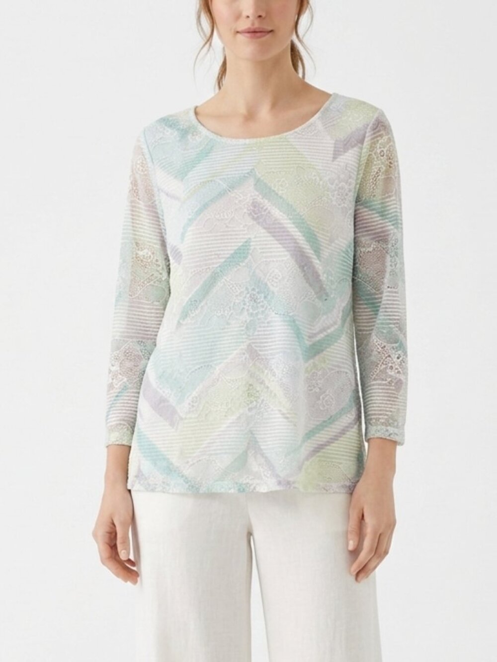 Alfred Dunner Blouse Green White Lace Mesh Indie Casual M